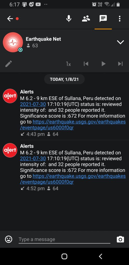 Earthquakes alert message